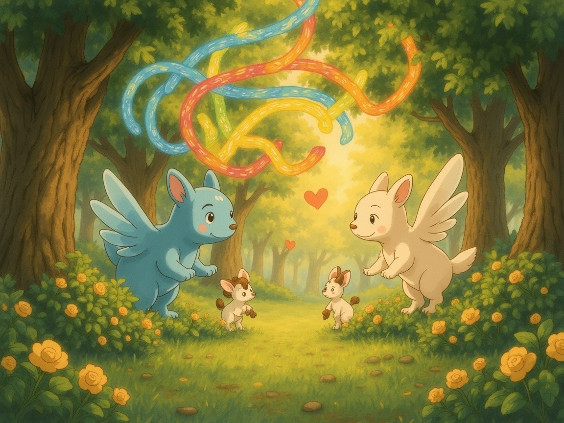 Whimsical Forest Scene with Colorful Creatures and Flowers