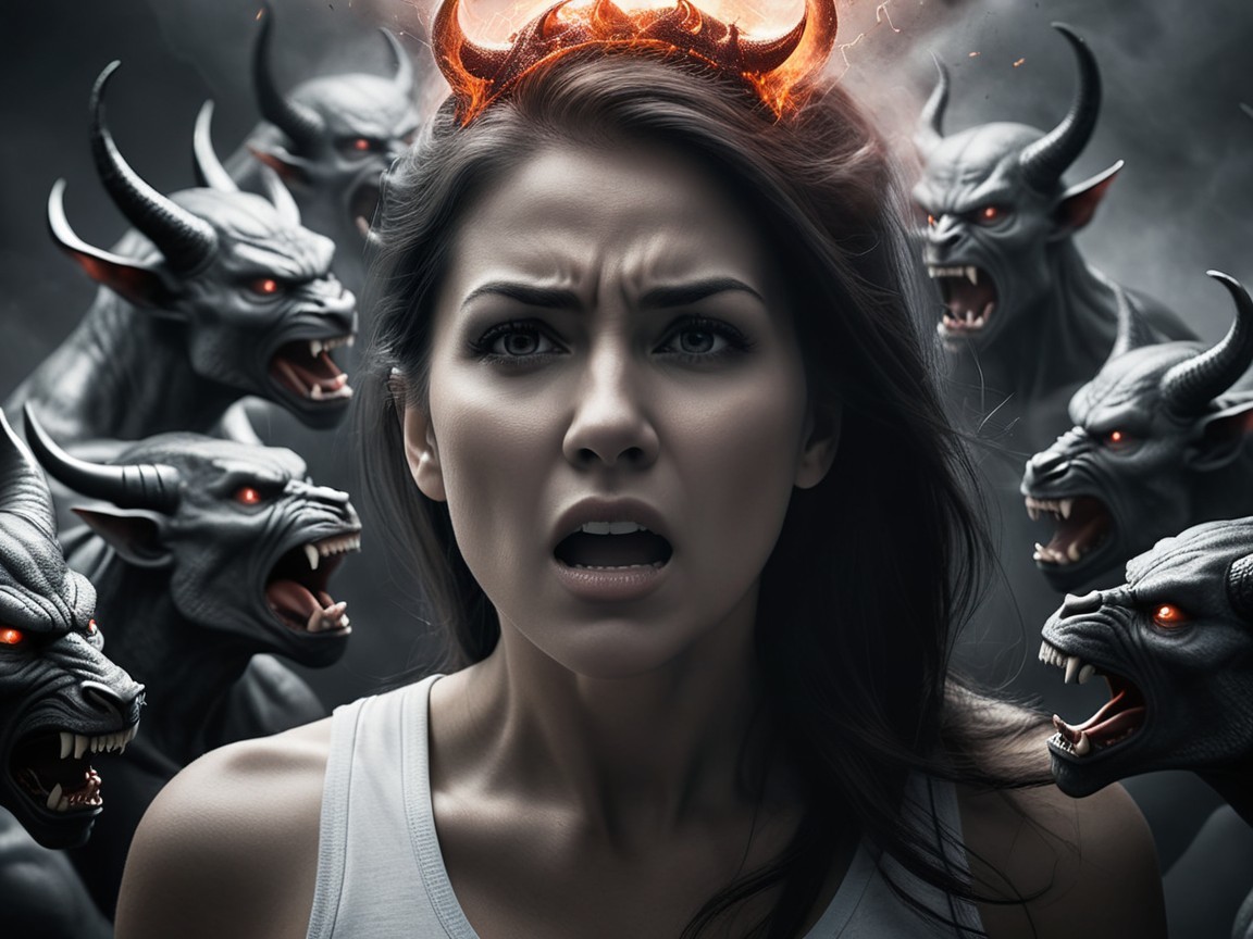 Young woman amid chaos with horned creatures and tension