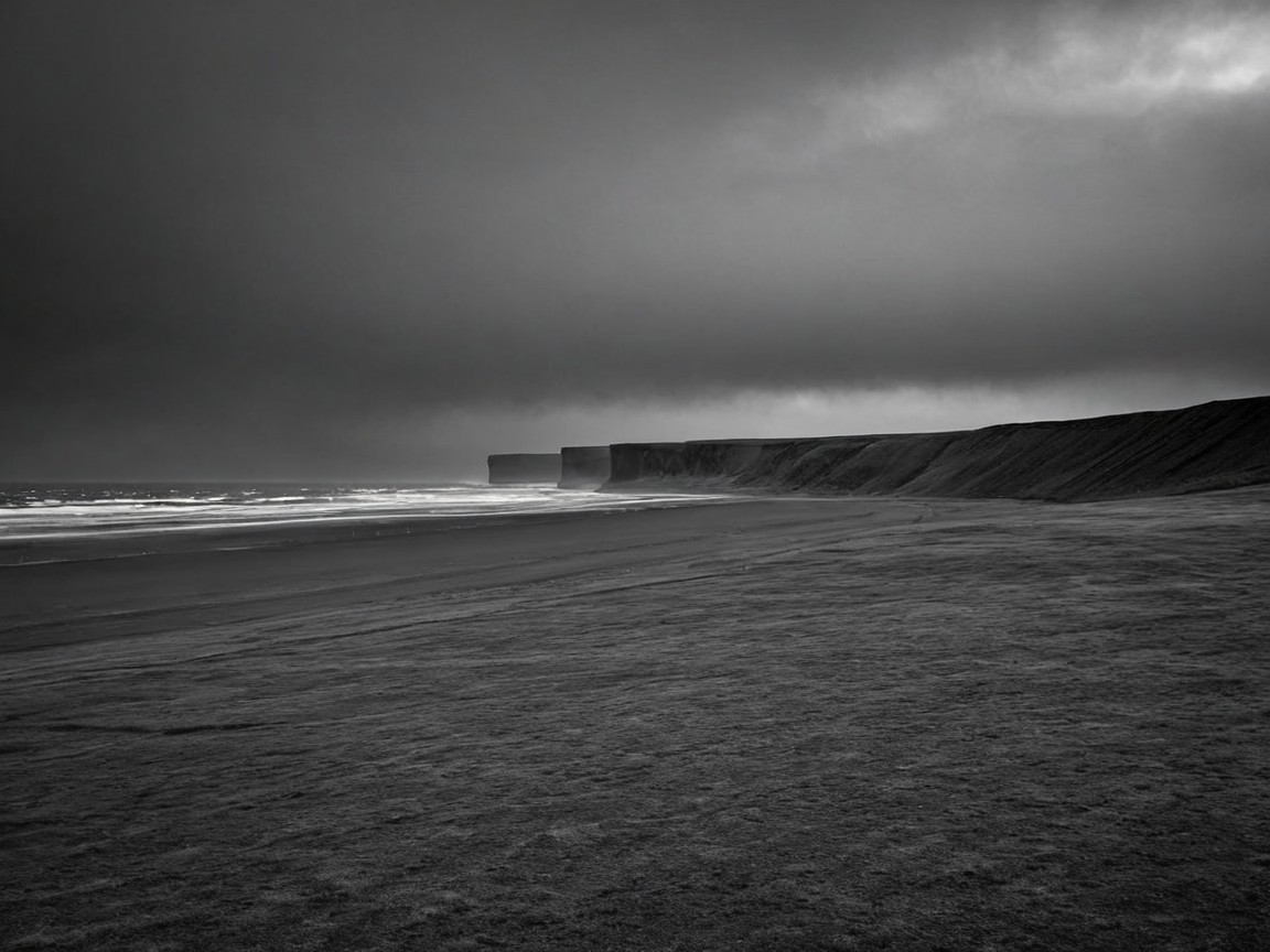 Black-and-White Landscape of Shoreline and Cliffs