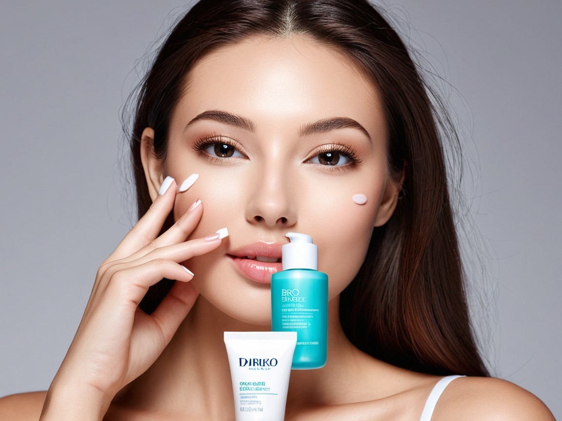 Young woman showcasing skincare products with natural look