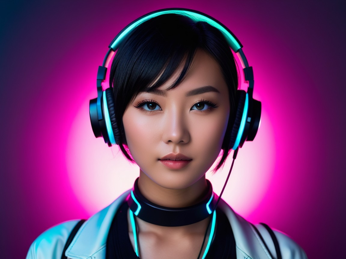 Young woman with headphones in vibrant background