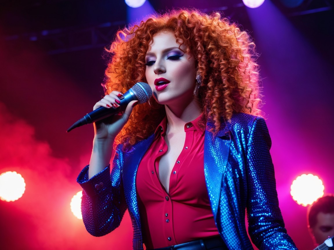 Vibrant Performer with Red Curls and Sequined Blazer