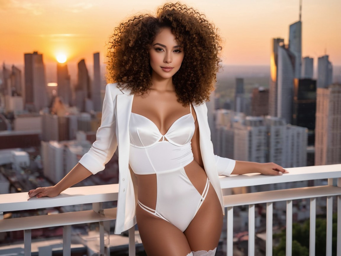 Confident Woman in Stylish Outfit Against Sunset Skyline