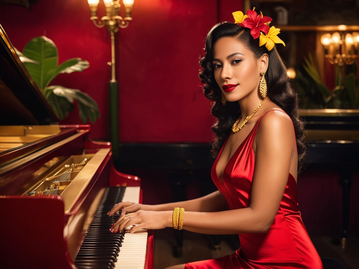 Elegant Woman in Red Dress at Grand Piano