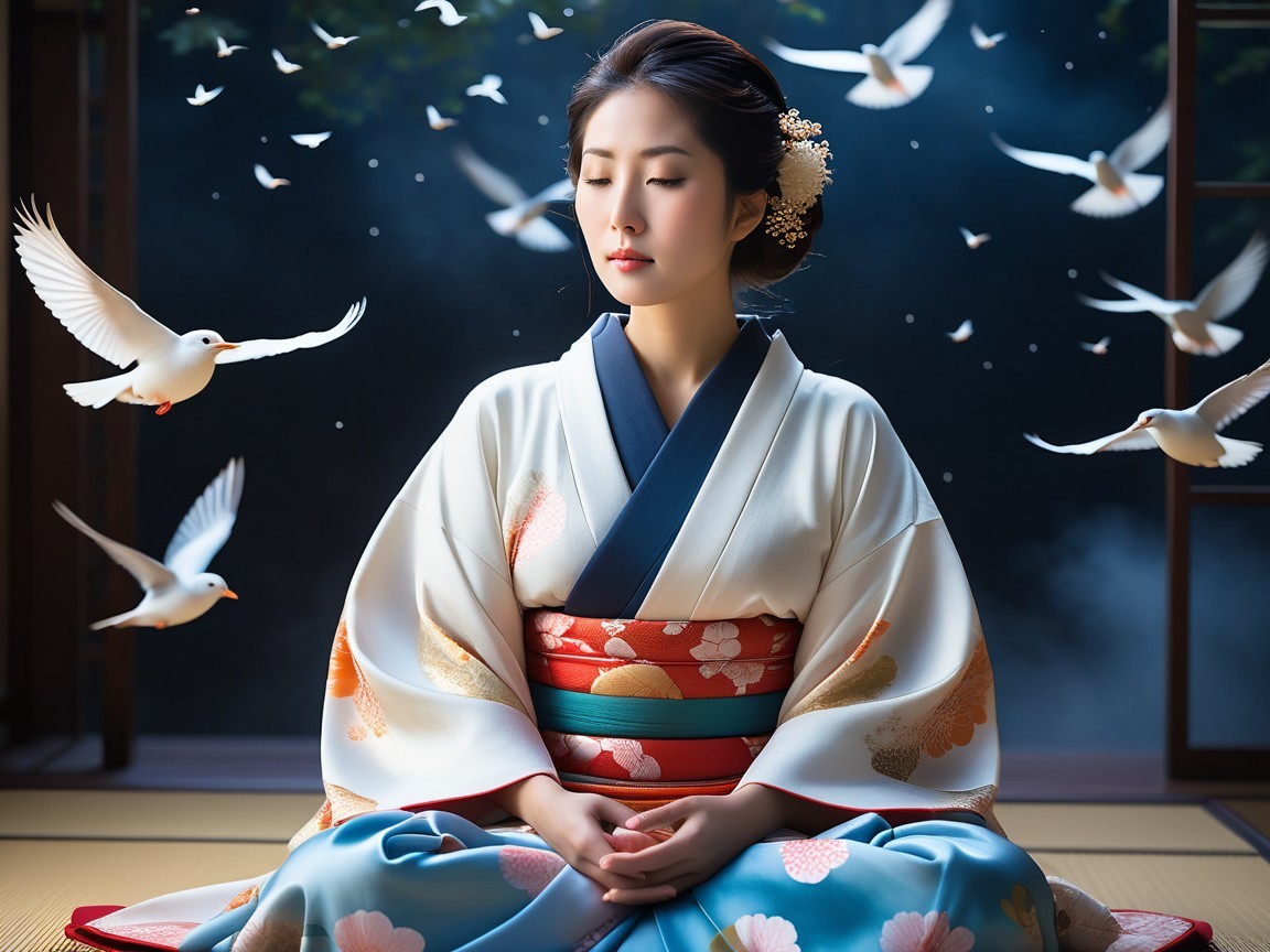 Serene Woman in Kimono Surrounded by Doves