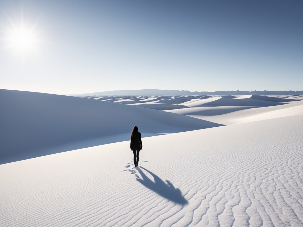 Lone Figure Walking in a Vast Desert Landscape