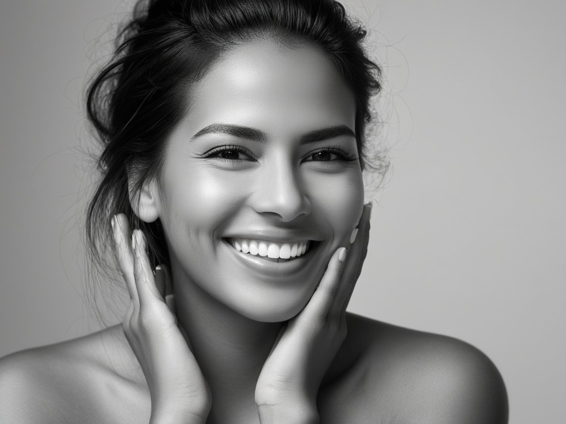 Radiant Woman with Flawless Skin and Joyful Expression