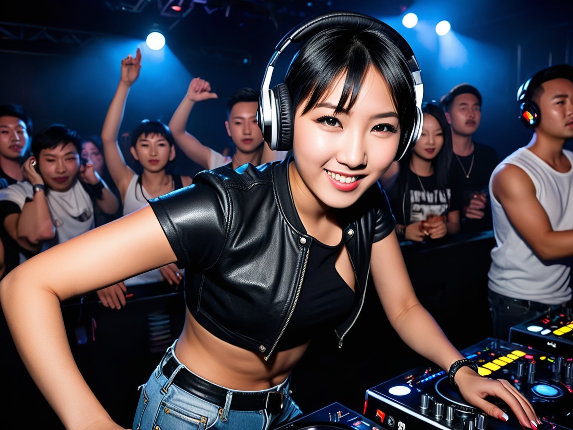 Female DJ Mixing Music at Lively Nightclub Scene