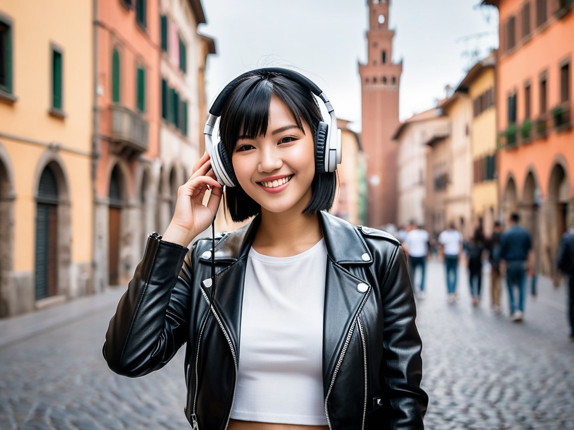 Young woman in leather jacket on cobblestone street