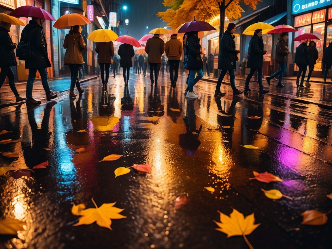City Scene with Colorful Umbrellas and Neon Lights