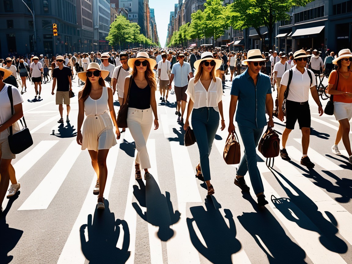 Bustling City Street with Pedestrians on Sunny Day