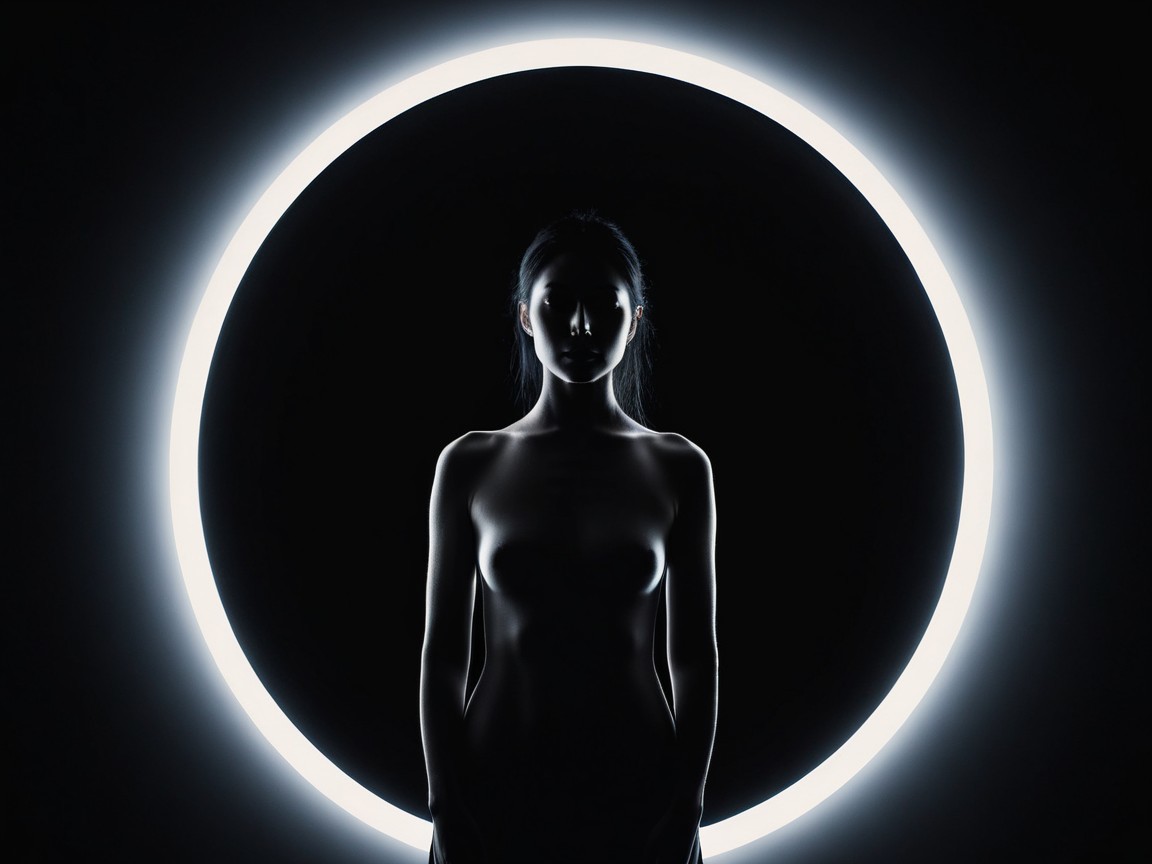 Silhouetted Woman in Halo of Light Against Darkness