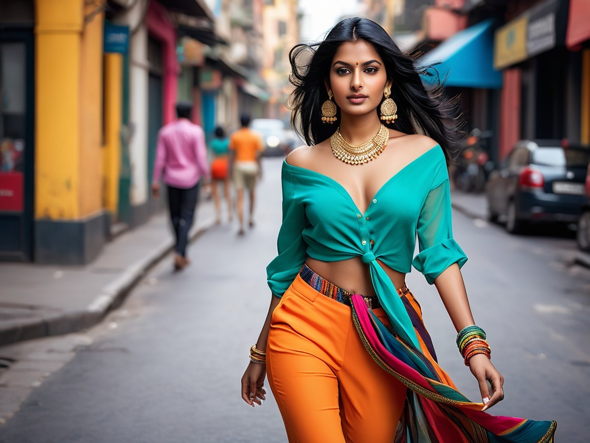 Stylish Woman in Turquoise Top and Orange Pants