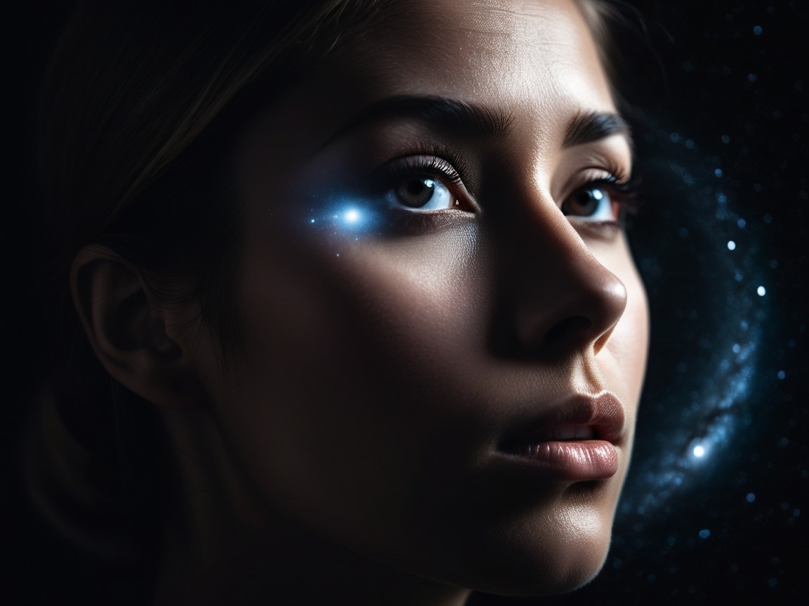 Close-up of a woman's face in a starry backdrop