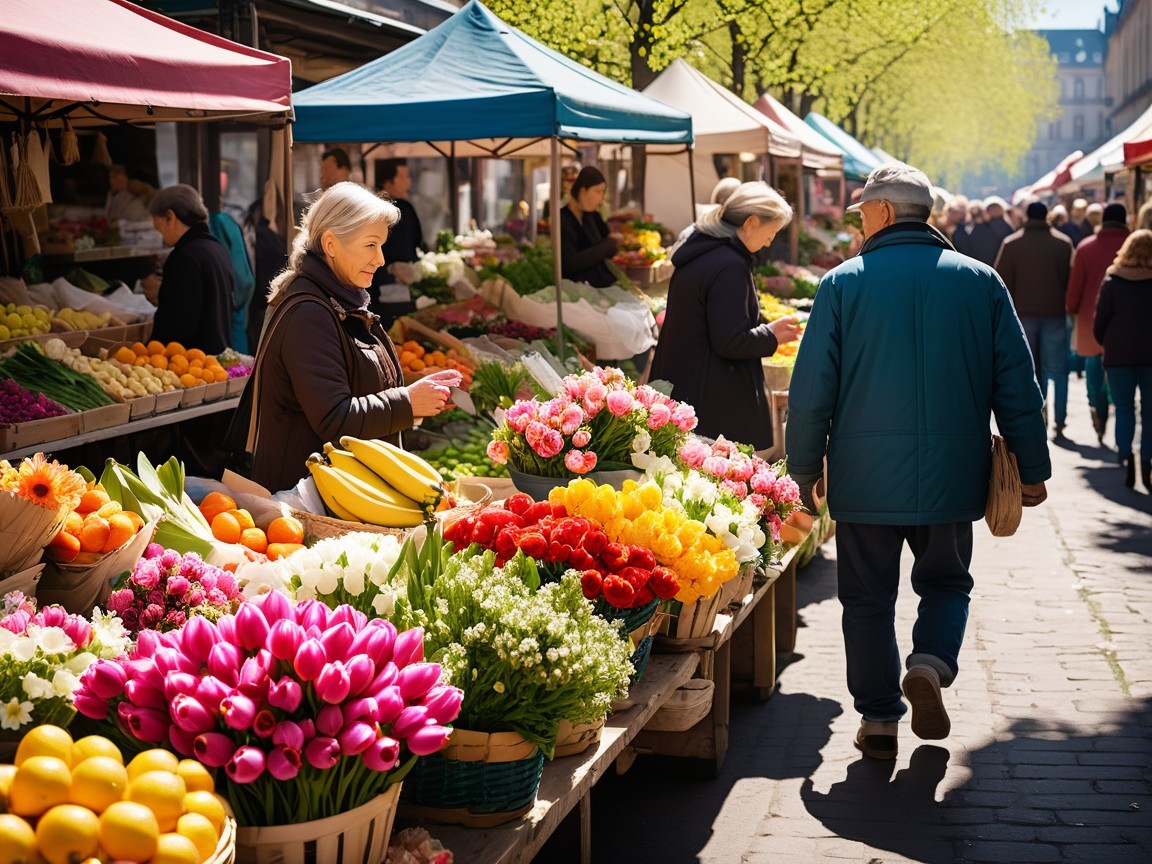Vibrant Outdoor Market with Colorful Fruits and Flowers