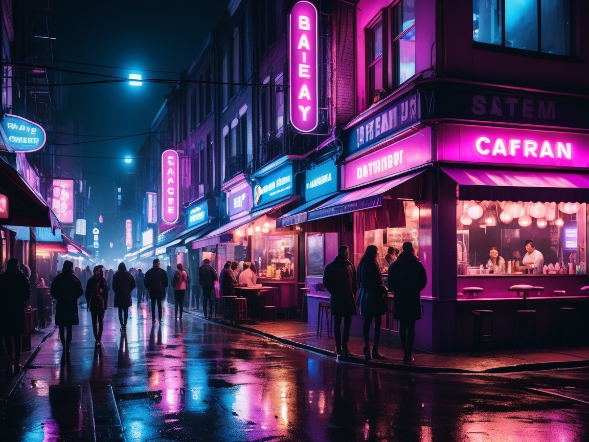 Vibrant Urban Street with Neon Signs and Reflections