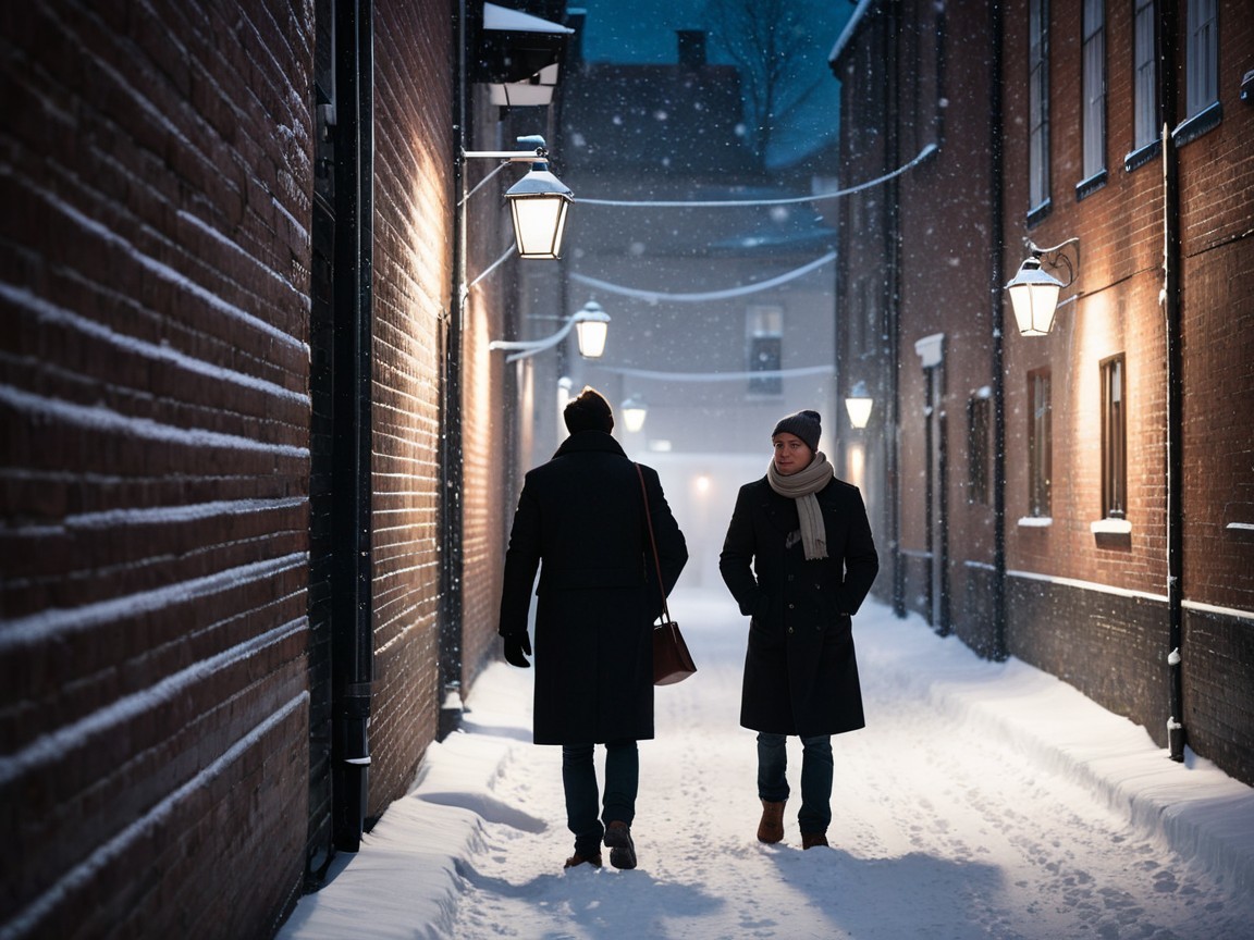 Men Walking in Snowy Alleyway at Dusk