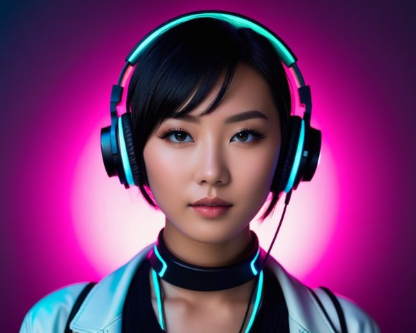 Young woman with headphones in vibrant background