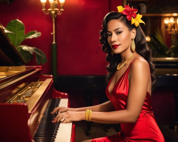 Elegant Woman in Red Dress at Grand Piano