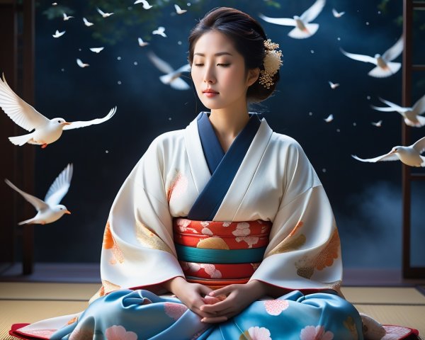 Serene Woman in Kimono Surrounded by Doves