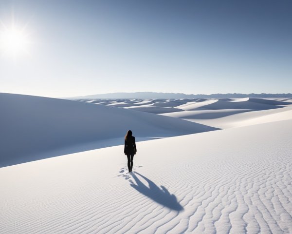 Lone Figure Walking in a Vast Desert Landscape