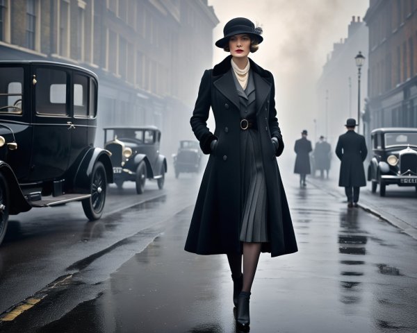 Stylish Woman in Black Coat on Foggy Street