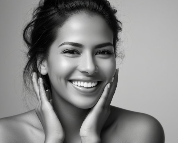 Radiant Woman with Flawless Skin and Joyful Expression