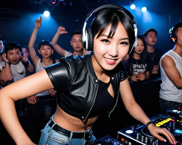 Female DJ Mixing Music at Lively Nightclub Scene