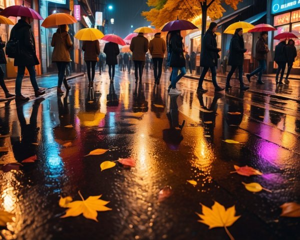 City Scene with Colorful Umbrellas and Neon Lights