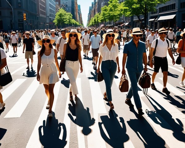 Bustling City Street with Pedestrians on Sunny Day