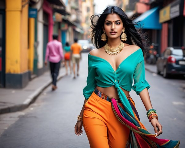 Stylish Woman in Turquoise Top and Orange Pants