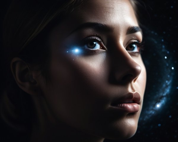 Close-up of a woman's face in a starry backdrop