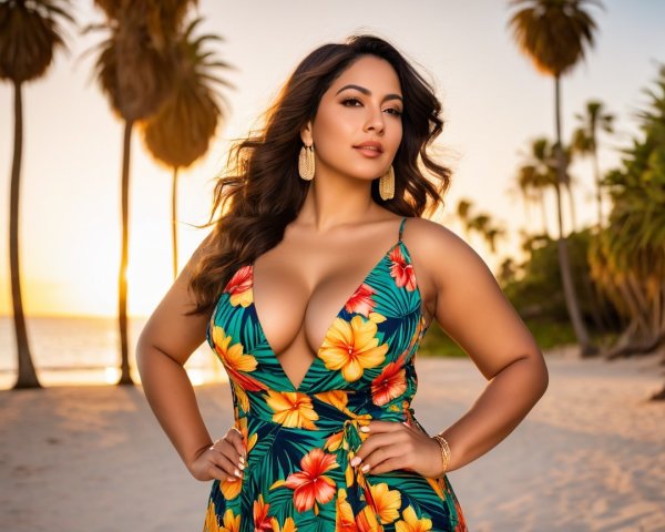 Confident Woman in Floral Dress at Sunset Beach