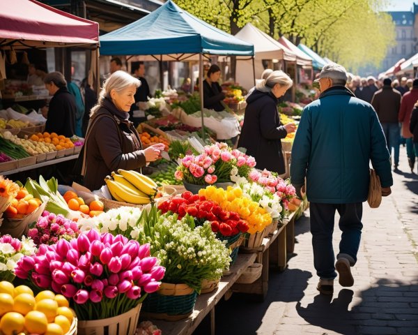 Vibrant Outdoor Market with Colorful Fruits and Flowers