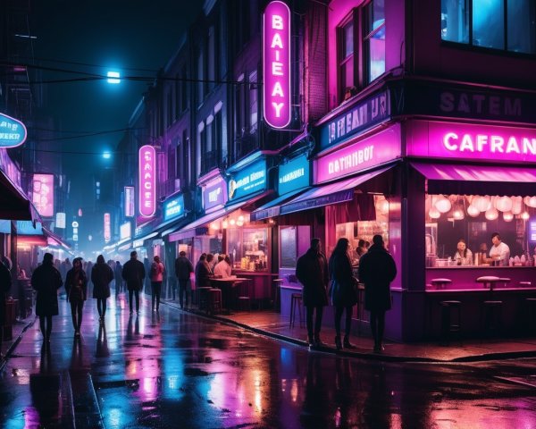 Vibrant Urban Street with Neon Signs and Reflections