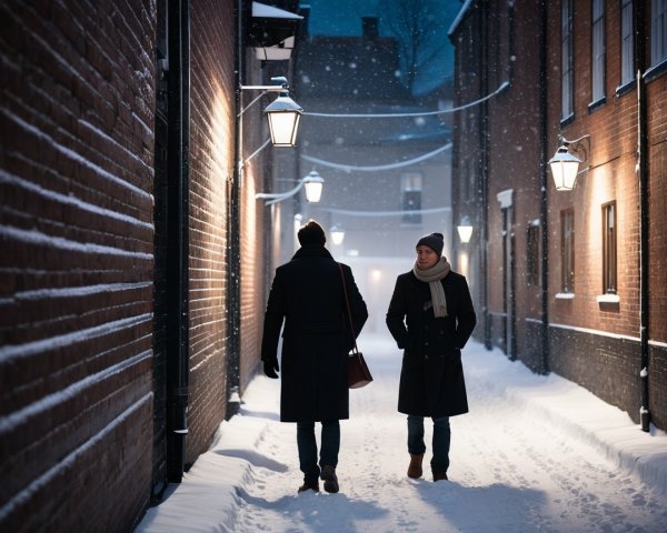 Men Walking in Snowy Alleyway at Dusk