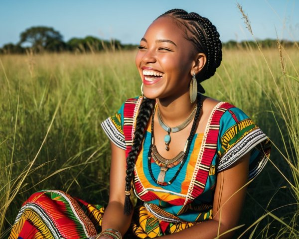 Young woman in vibrant outfit in sunlit field