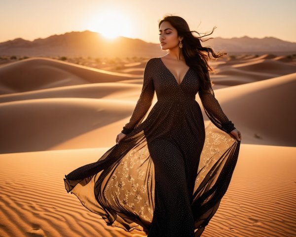 Woman in Black Dress Against Desert Sunset Landscape