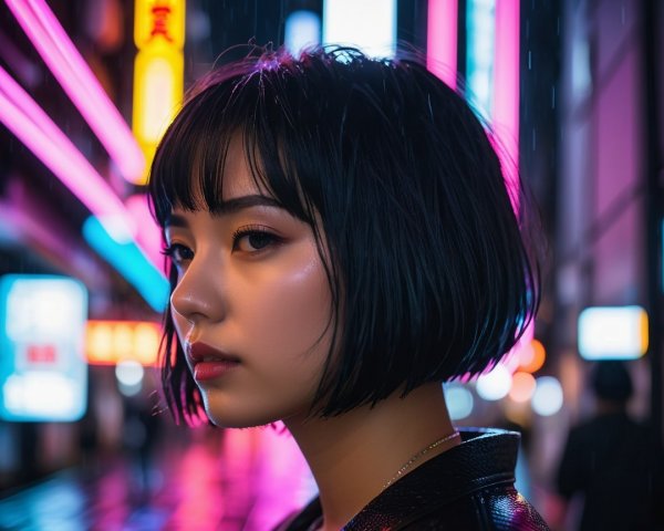 Young Woman in Bob Haircut Under Neon Lights