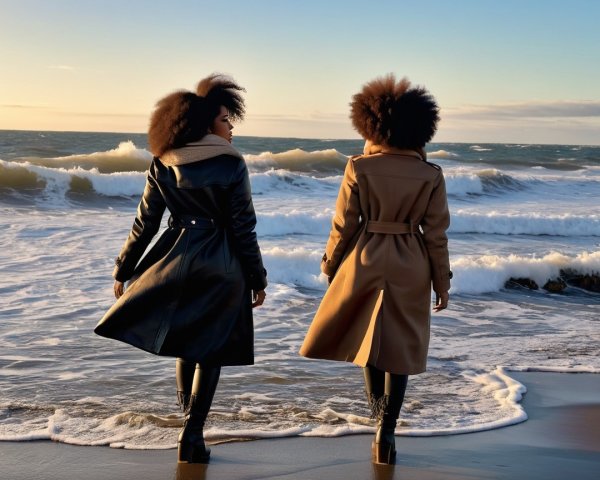 Women in Stylish Coats on a Beach at Sunset