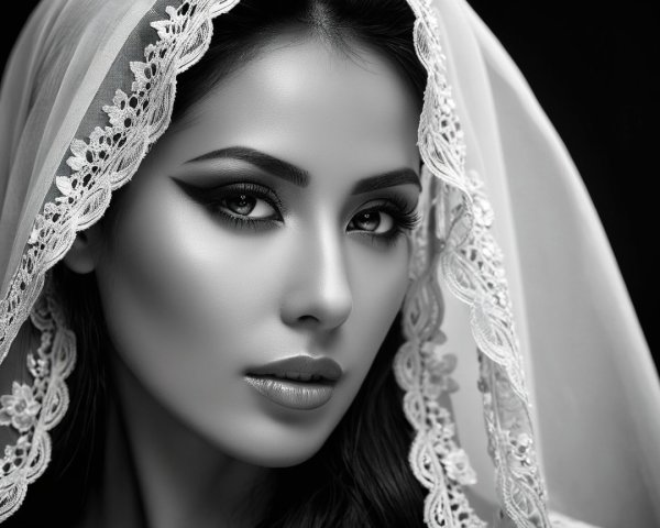 Black and white portrait of a woman in a lace veil