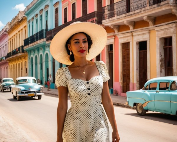 Woman in Polka-Dot Dress on Colorful Colonial Street
