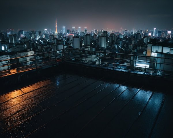 Nighttime Cityscape with Tokyo Tower and Raindrops