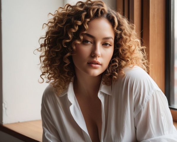 Thoughtful Young Woman with Curly Hair by Window