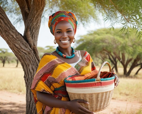 Joyful woman in vibrant dress with woven basket outdoors