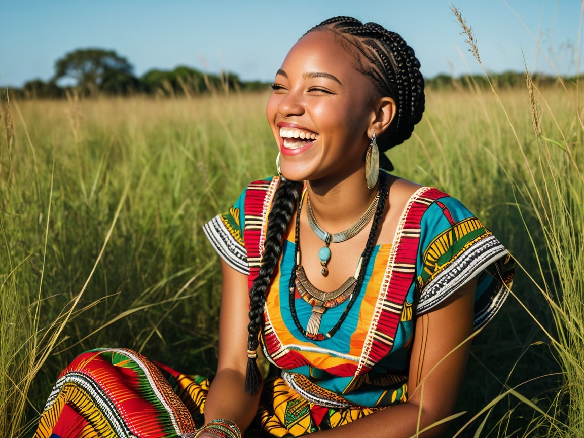 Young woman in vibrant outfit in sunlit field
