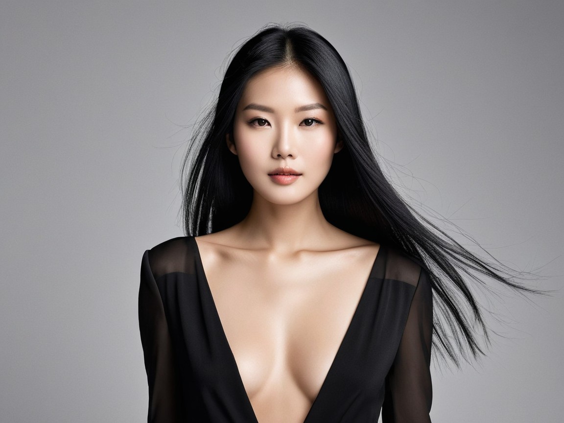Elegant model in black dress with flowing hair