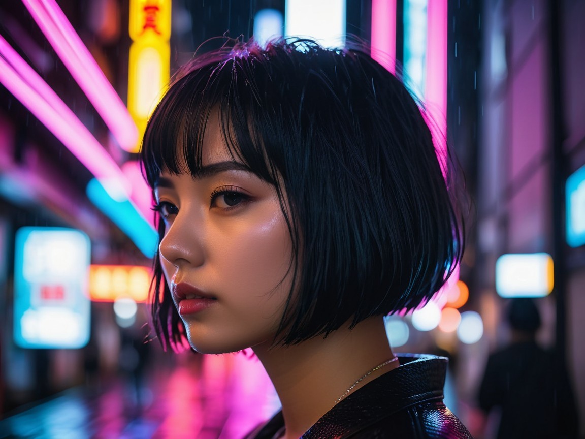 Young Woman in Bob Haircut Under Neon Lights