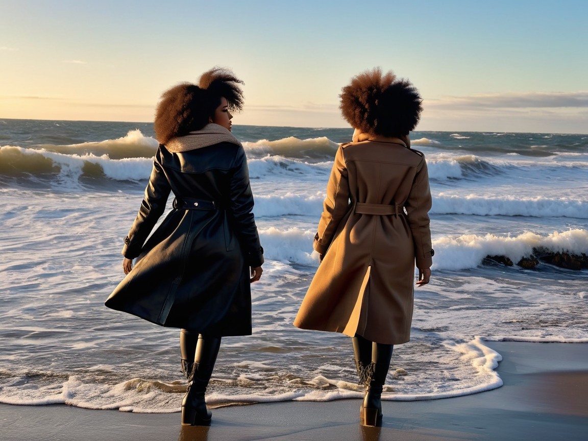 Women in Stylish Coats on a Beach at Sunset