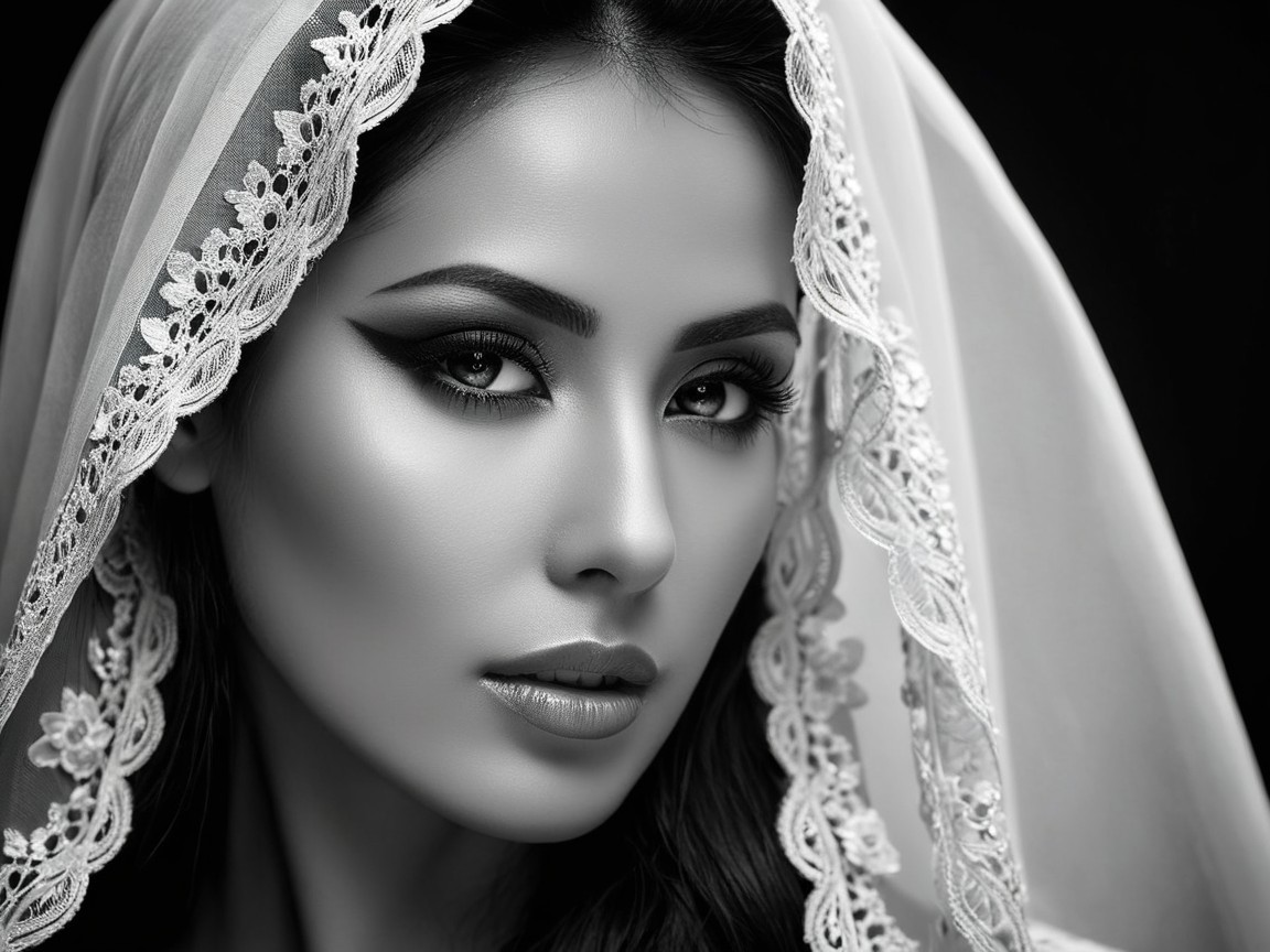 Black and white portrait of a woman in a lace veil
